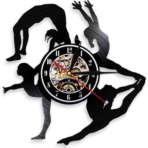 Gymnastics Girls Silhouettes Wall Clock Sports Girl Tumbling Vinyl Record Clock Gymnast Retro Wall Decor