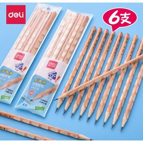 6 pcs / bag Deli s953-2b advanced triangular graphite hole pencil, posture correction writing pen, student stationery
