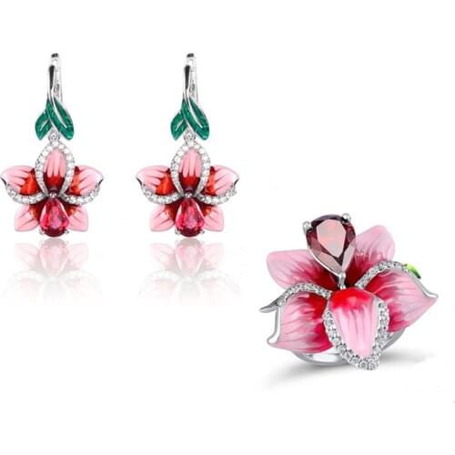 Ajojewel Purple Flower Earrings Ring Set Jewelry For Women Enamel Rings Silver-color Wedding Party Gift