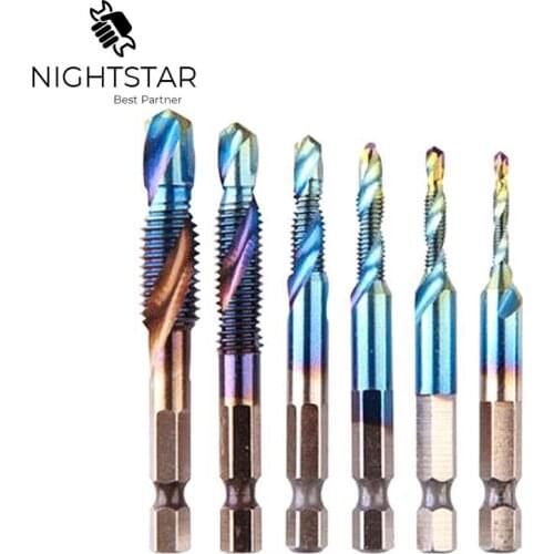 Krachtige 6pcs 1/4" Hex Shank Drill and Tap Bits Thread M3-M10 Titanium Coated Taps Woodworking Drill Bits Blue Metal
