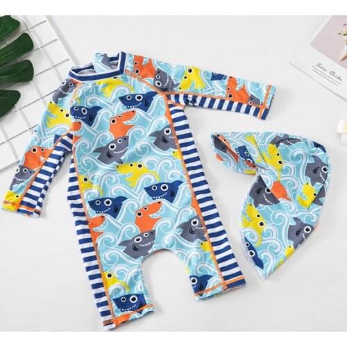 Cartoon Shark Boys Swimwear Long Sleeve Kid Swimwear One Piece Toddler Swimsuit Infant Bathing Suit For Boys Clothes With Cap