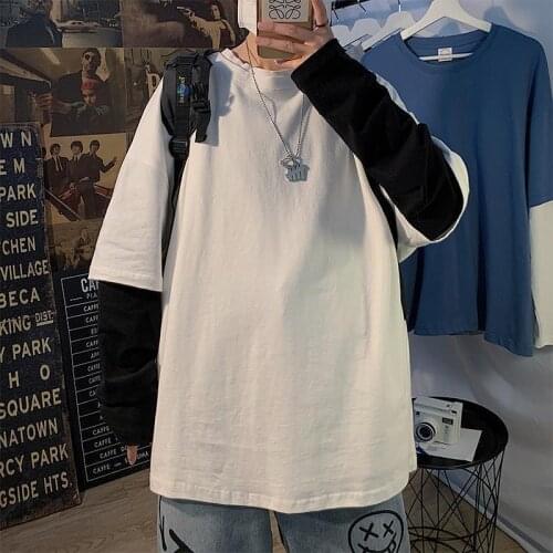 Men T Shirt Oversized Autumn Fake Two Pieces Long Sleeve O Neck Casual Loose Korean Fashion Harajuku Hip Pop Cotton Clothing