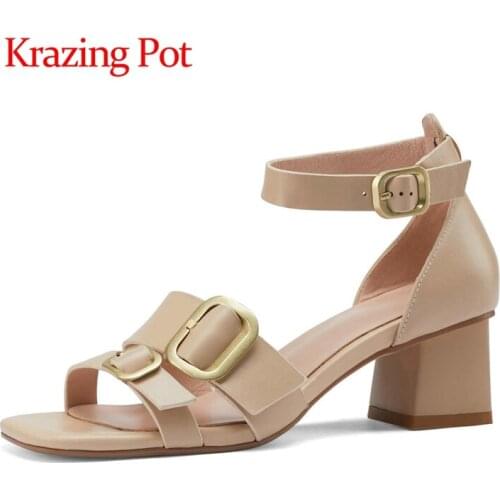 Krazing Pot hot genuine leather square toe high heels vintage Korean girls mules metal fasteners buckle straps women sandals L31