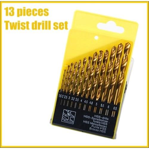 13pcs high speed steel drill bit set 1.5-6.5mm titanium coated twist drill bit set for metal wood aluminum drilling