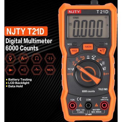 NJTY T21D NCV Digital Multimeter 6000 counts Auto Ranging AC/DC Voltage Current Meter Handheld Ammeter Ohm Diode NCV Tester