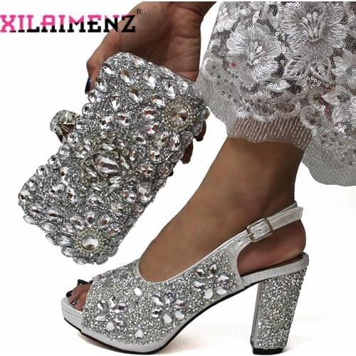 Latest Italian Women Decorate with Rhinestone Matching Shoes and Bag Set in Sliver Color High Quality Shoes Matching Bag For Wed