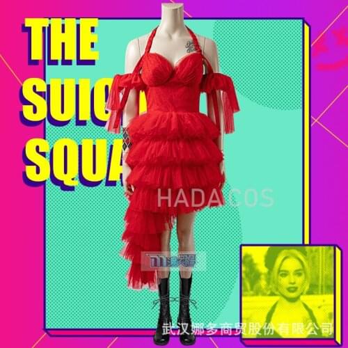 NEW Female Clown Harley Harleen Quinzel Red Dress Cosplay Costume Braces Skirt Woman Joker Halloween Christmas Gift Tattoo