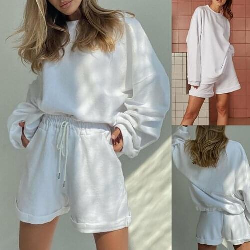 Solid Color Two Piece Set Outfits for Women Long Sleeve Pullover Blouses Shorts Set Loose Two Piece Set Tracksuit Women Outfits