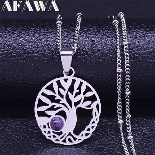 Purple Crystal Irish Knot Stainless Steel Charm Necklace Silver Color Tree of Life Necklace Jewelry Gift collier femme NX433302