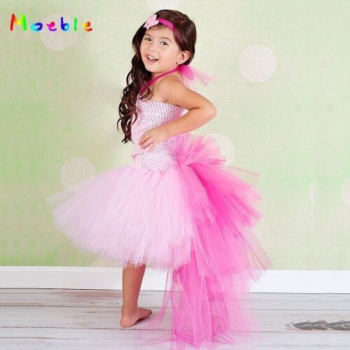 Pink Flower Girls Tutu Dress with trailing Wedding Kids birthday Party Tulle Princess Dress Children Christmas New Year Costume