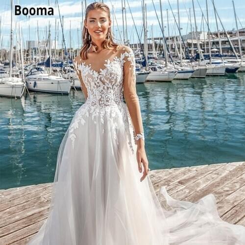 Booma Beach Wedding Dresses with Long Sleeve Elegant Lace Appliques A-line Tulle Bride Party Gown Illusion Boho Princess Dress