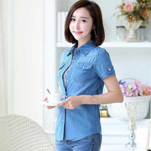 S-3XL Women Denim Shirt Summer 2020 New Fashion Casual Short-sleeve Buttons Slim Thin Tops Girl Student Cotton Shirts Female
