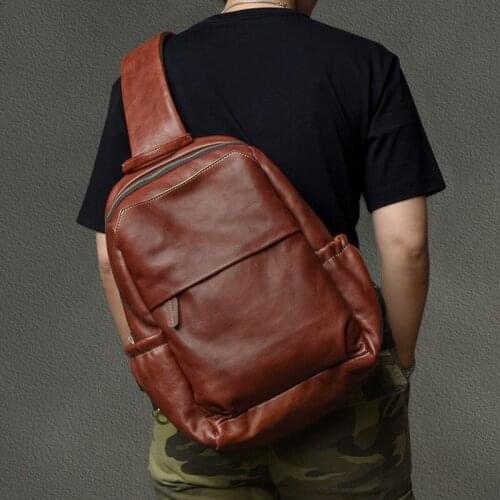 Vegetable tanned leather mens extra-large chest bag, retro 14 inch laptop Bag cowhide crossbody back pack, motorcycle bags