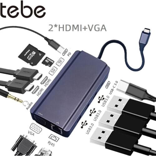 Tebe USB Type C Hub to Dual 4K HDMI USB3.0 USB2.0 PD Charging VGA RJ45 3.5mm Audio Jack with TF/SD Card Slot USB HUB Adapter