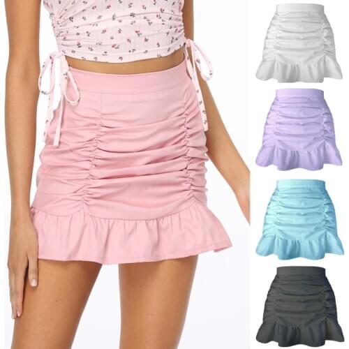 New 2021 Ruffle Skirt Women Solid Pleated Zipper Short Skirt High Waist Bodycon Sexy Pink Skirts Woman Korean Fashion Jupe