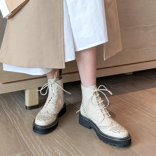 MStacchi Womens Lace-Up Martin Boots Round Toe Genuine Leather Carved Outdoor Woman Shoes Winter Thick Bottom Bottines Femme