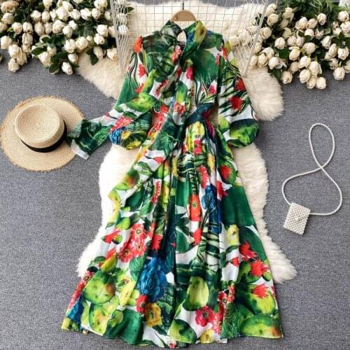 Womens Spring Autumn Runway Fashion Long Sleeve Floral Print Long Dress Female Chic Travel Party Beach Dress TB926