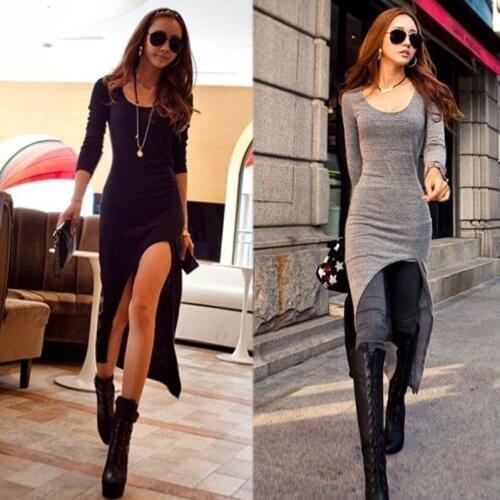 Womens Long Sleeve Slim Irregular Asymmetric Sexy Solid Long Dress Autumn Mock Neck Elegant Dress