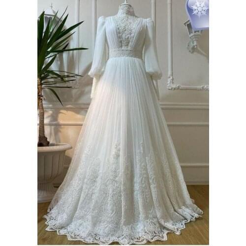 Elegant Full Sleeve Bridal Gown High Neck Lace Appliques Wedding Dress for Bride Wedding Tulle Vestido De Novia