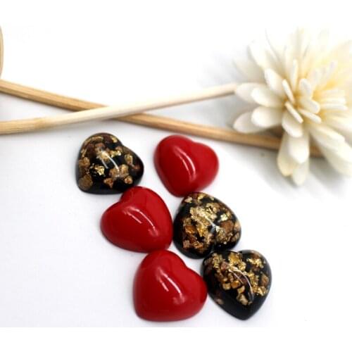 6pcs New Red Black Love Goldleaf Resin Flatback Bead Diy Earring Base Findings Heart Cabochon Beads Craft Jewelry Accessories