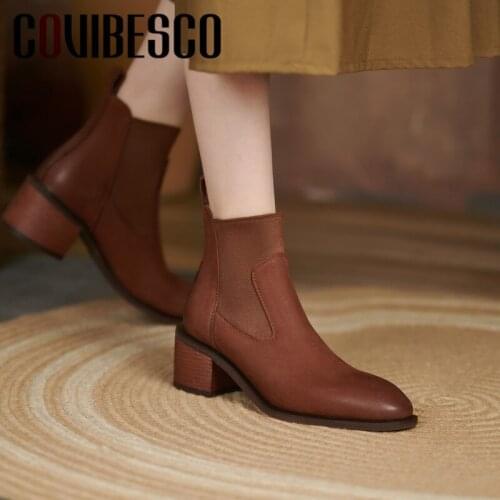 COVIBESCO 2021Woman Ankle Boots Spring Summer Genuine Leather Casual Shoes Classic Design Square Toe Shoes Women
