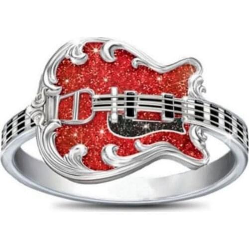 Electric Guitar Design Rock Roll Ring Hip Hop Style Micro Crystal Setting Ring Red Color Special Jewelry For Lead Singer Jewelry