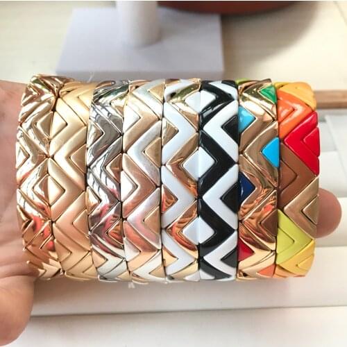 V shaped Tile Enamel Bracelet,Gold/Silver Tila Beaded Punk Stretch Bracelet,Painted Brass Pulseira Fashion Jewelry Gift QC2705