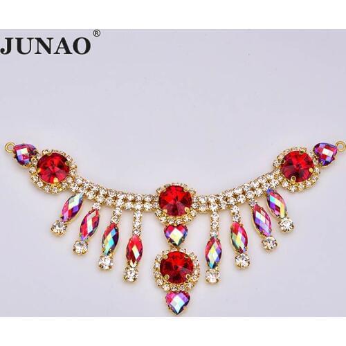 JUNAO 155*60mm Sewing Red AB Glass Rhinestone Chain Trim Gold Flowers Strass Applique Crystal Fringe for Garment Decoration