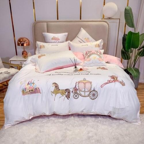 Cartoon Princess White Lace Skirt Castle Embroidery Girls Silk Cotton Bedding Set Soft Silky Duvet Cover Bed Sheet Pillowcases