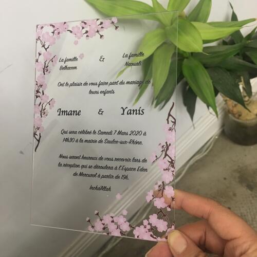 Beautiful cherry flower transparent wedding invitation card acrylic cheap indian invitations