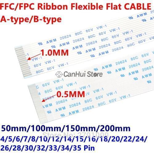 10PC FFC/FPC Ribbon Flexible Flat Cable 1.0MM 50/100/150/200MM A B type contact 4P 6 7 8 10 12 14 18 20 22 24 26 30 32 34 35 Pin