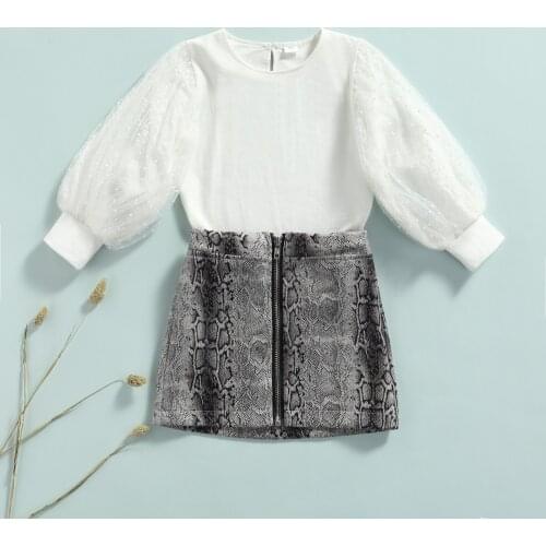 2Pcs Kids Summer Tracksuit Girls O-Neck Long Puff Sleeves Tops + Snake Print Zipper Skirt Fashion Children Clothing for 18M-6Y