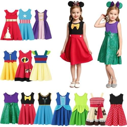 Mickey Minnie Girls Baby Elsa Anna Dress Snow White Belle Moana Rapunzel Cotton Princess Costumes Mermaid Clothing