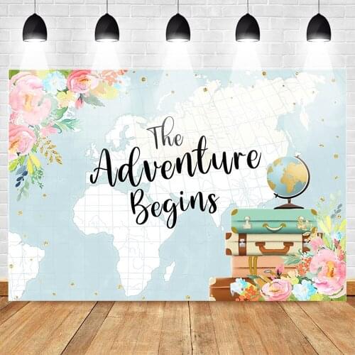 MOCSICKA Adventure Backdrop for Photography Newborn Baby Map Globe Background for Photo Booth Floral Birthday Theme Party