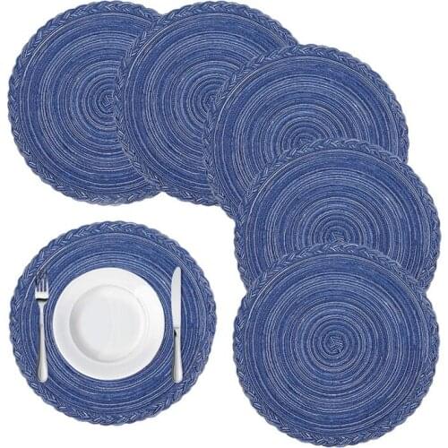 Round Braided Placemats for Dining Table Set of 6 - Woven Heat Resistant Non-Slip Kitchen Table Mats, 36 Diameter, Blue