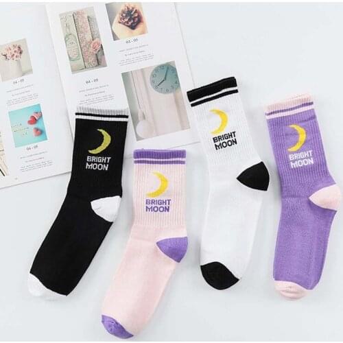 Men Women Harajuku Hip Hop Autumn Elastic Rib Trim Long Crew Socks New Moon Letters Stripes Printed Couples Cotton Tube Hosiery