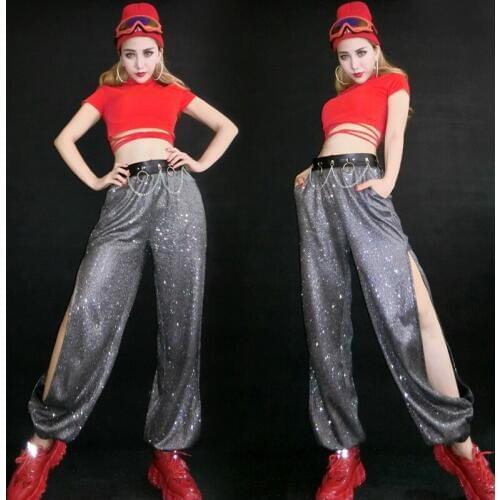 New Women Hip Hop Clothing Adults Street Dance Costumes Jazz Stage Wear Red Shirt Shiny Split Pants Cheerleaders Show DNV13060