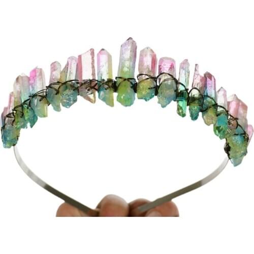 Ladies Handmade Jewelry Hair Hoop Fresh Style Princess Watermelon Colored Faux Raw Quartz Crystal Headband Tiara Crown