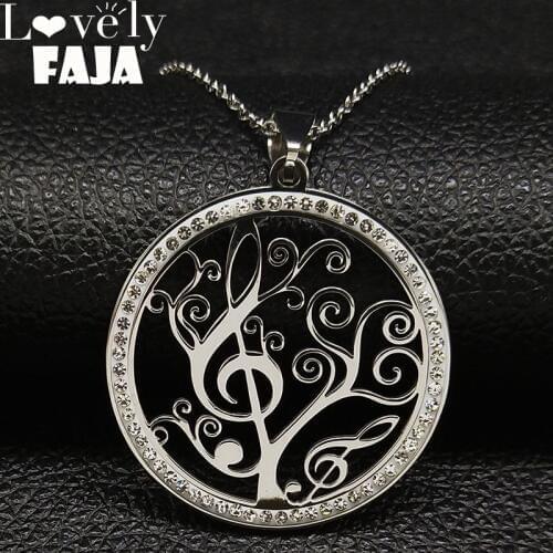 2021 Note Tree of Life Crystal Stainless Steel Statement Necklace for Women Silver Color Necklace Jewelry collar mujer K77495B