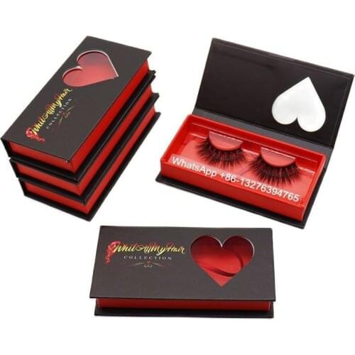 Luxury Black Red Mink Eye Lash Case Custom Lashbox Packaging Natural Soft Black Mink Hair Eye Lashes Heart Window Eyelashes Box