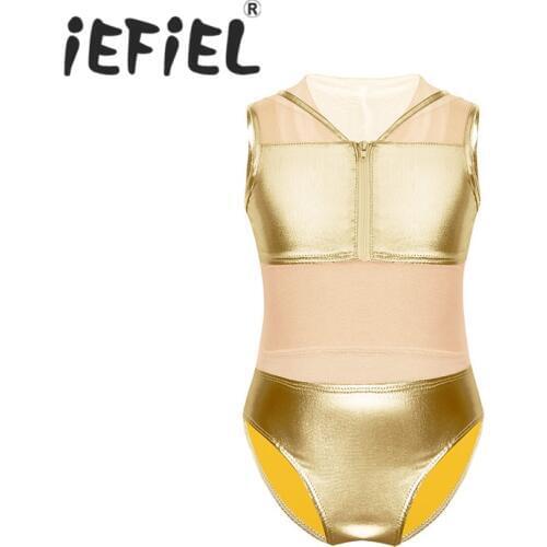 Kids Girls Mesh Hooded Metallic Tank Leotard Ballet Dance Gymnastics Leotard Jumpsuit Dress for Ballet Class Stage Performance