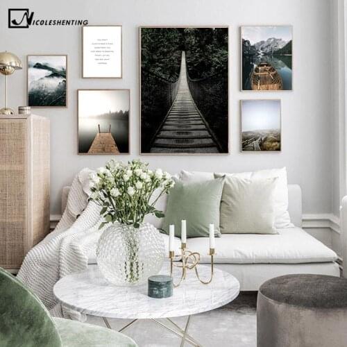 Scandinavian Mountain Foest Bridge Landscape Poster Nordic Art Canvas Print Nature Scenery Painting Wall Picture Home Decoration