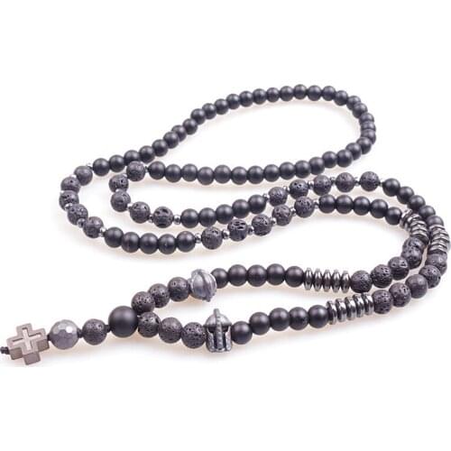 Spartan Knight Helmet Hematite Carving Bead & 6mm stone bead Cross Black Mans necklace Drop shipping