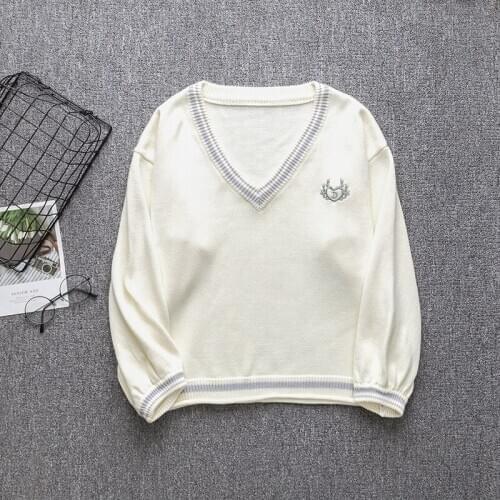 Japanese JK Sweater Autumn and Winter JK Badge Embroidered College Style V-neck Long-Sleeved Pullover Loose Sweater Girl