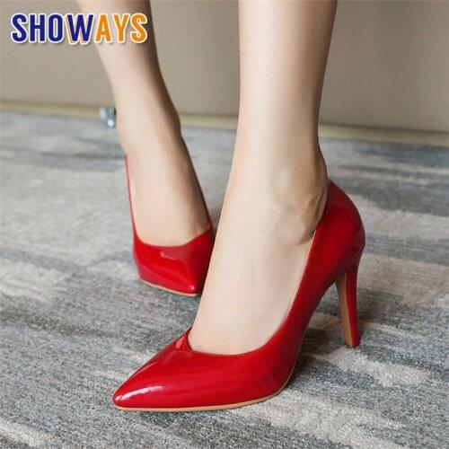 Career Women Pumps Black Red Patent Leather 9cm High Heel White Wedding Party Office Lady Slip-on Pointed Toe Thin Stiletto Shoe