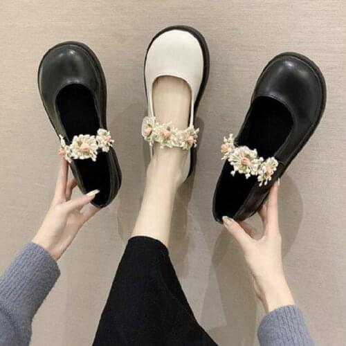 Japanese Cute Flower Ladies Small Leather Shoes Summer New Style Flat Shallow Mouth Pure Color Exquisite Single Shoes Large Size