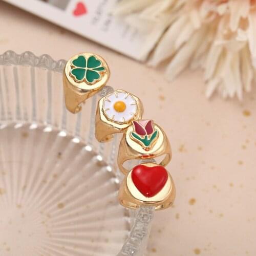 2021 Gold Color Metal Open Rings Korean Cute Enamel Heart Flower Leaf Rings Wonderful Choice for Women Adjustable Ring Jewelry