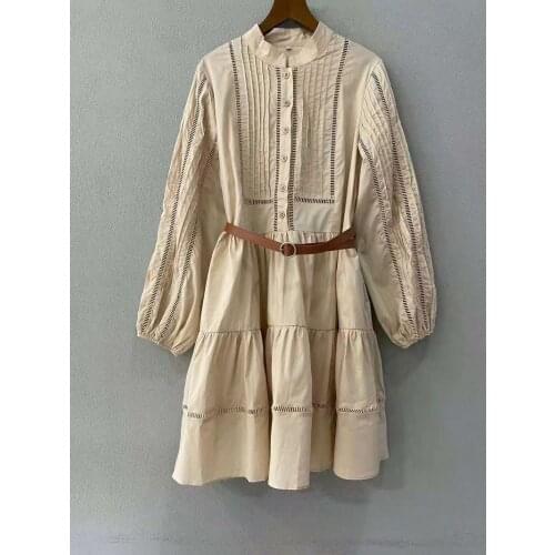 Tops Fashion New Autumn Dress 2021 Fashion Style Women Hollow Out Embroidery Belted Long Sleeve Apricot White Silk Cotton Dress