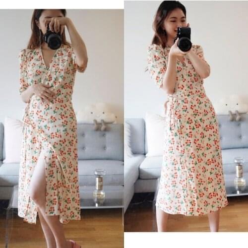 Ladies Viscose Short Sleeve Wrap V Neckline Floral Printed Midi Dress With Waist Ties