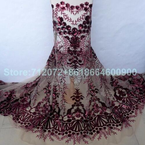 1 yard New wine/black sequins on beige netting embroidered wedding/ evinging/show dress lace fabric 51'' width by the yard